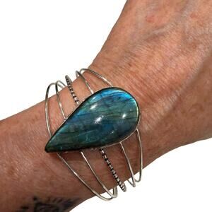 Large Labradorite Cuff Bracelet Silver Plated Blue Flash Adjustable